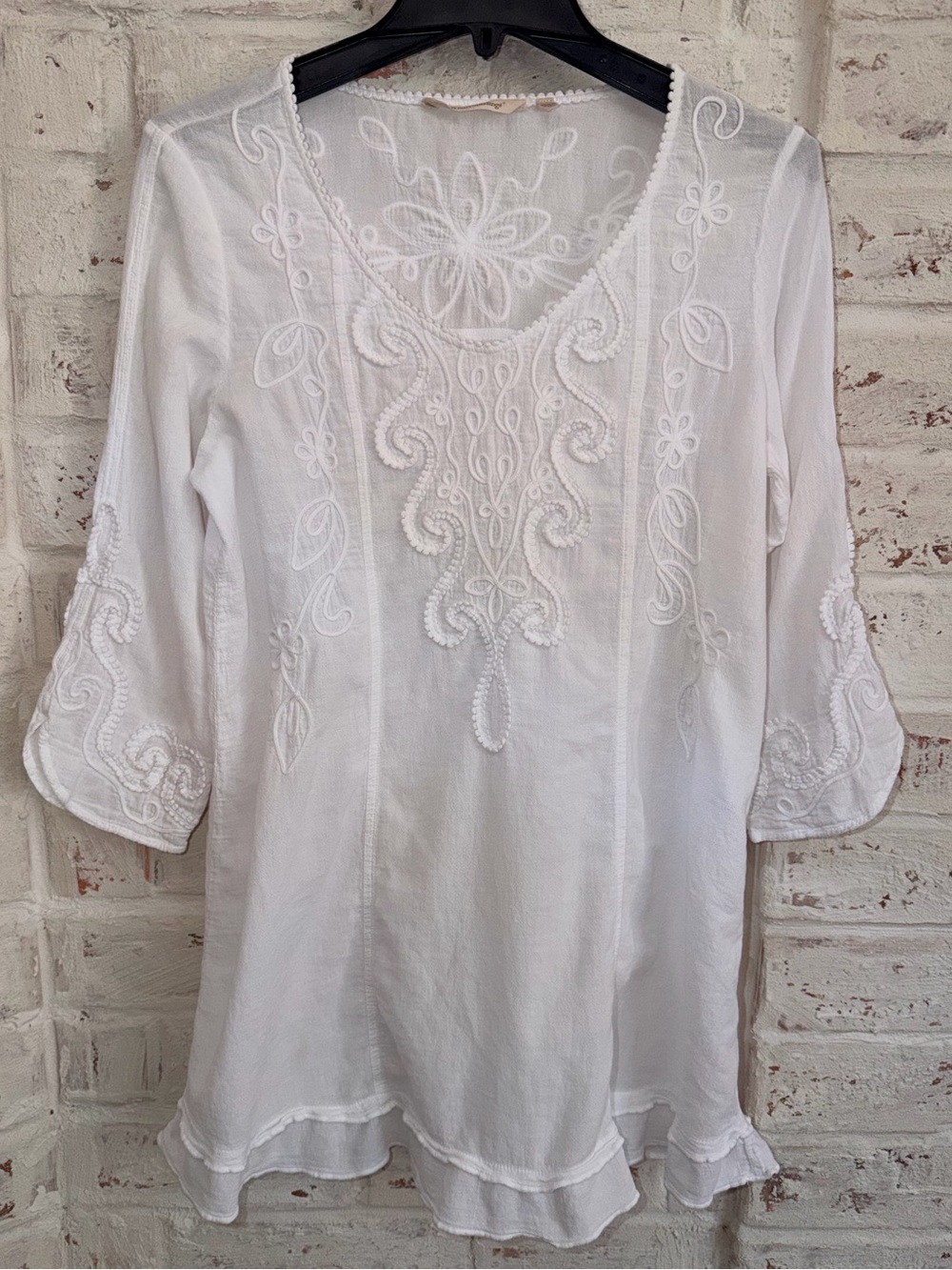 Soft Surroundings White Embroidered 100% Cotton Boho Tunic Top Small Peru